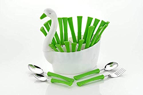Dining Table Spoon Set with Antique Duck Shaped Revolving Stand (Green) 24 pcs Cutlery Kitchen Spoon Set for Dining Table