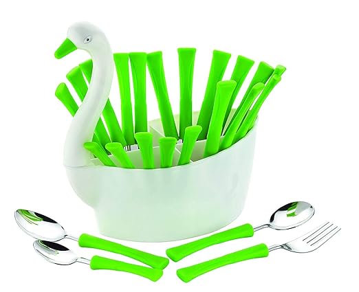 Dining Table Spoon Set with Antique Duck Shaped Revolving Stand (Green) 24 pcs Cutlery Kitchen Spoon Set for Dining Table