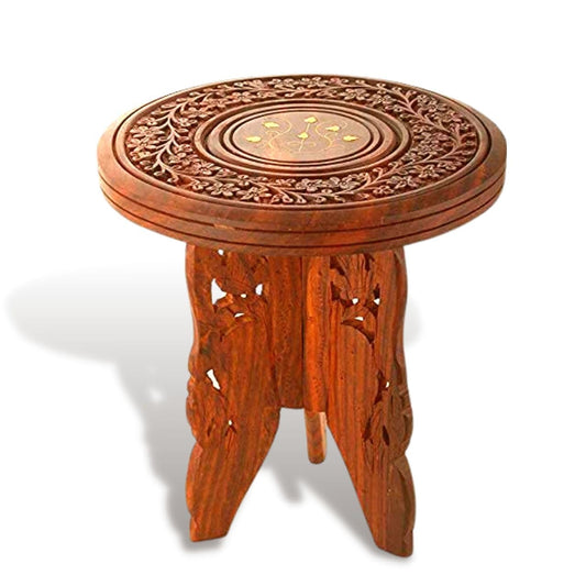 Wooden Hand Carving Foldable Sheesham Table 12 inch Round Coffee Table Designer Coffee Table for Living Room Garden Furniture