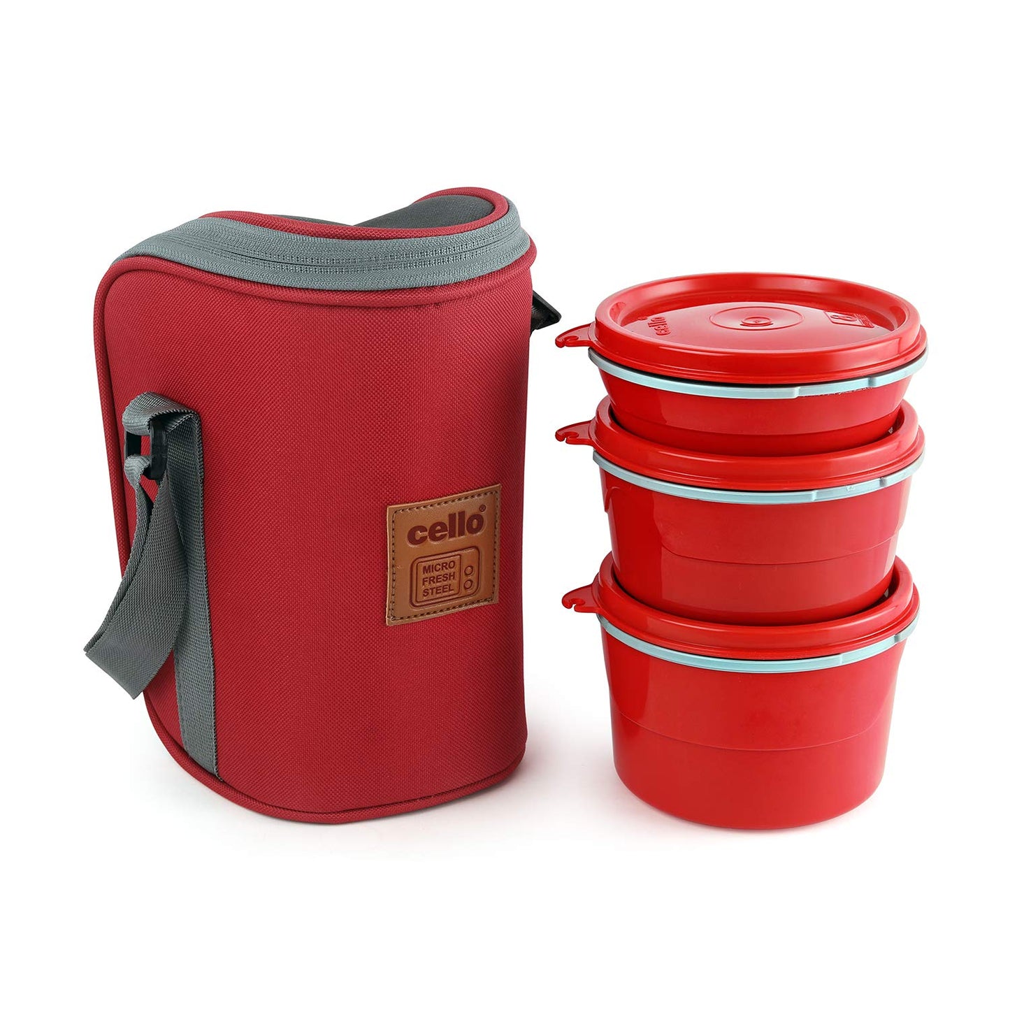CELLO Maxfresh Hot Wave Stainless Steel 3 Container Lunch Box 225ml, 375ml and 550ml Red