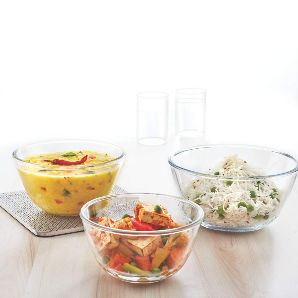 Borosil Glass Mixing & Serving Bowls, Oven & Microwave Safe Bowls, Set of 3 (500 ml, 900 ml, 1.3 L), Borosilicate Glass, Clear bowls set serving bowl set