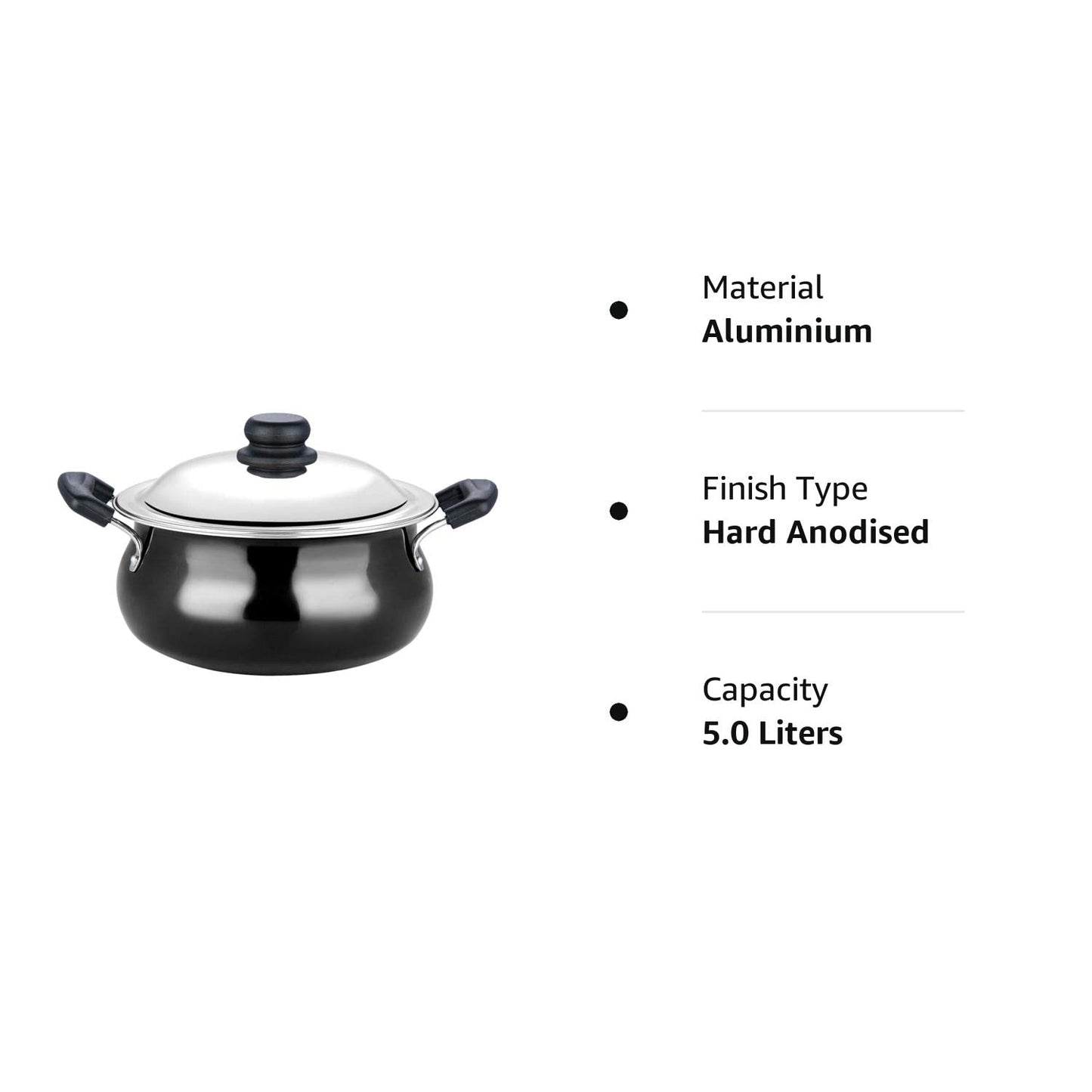 Black Pearl Hard Anodised Non Stick Handi with Lid - 5 Litre, 3.25mm Thickness Biryani Pot