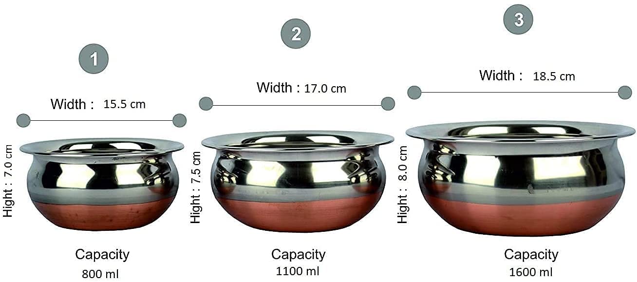 Stainless Steel Copper Bottom Kitchen Serving, Cooking Bowl Handi Set Biryani Handi With Cover 3-Pieces