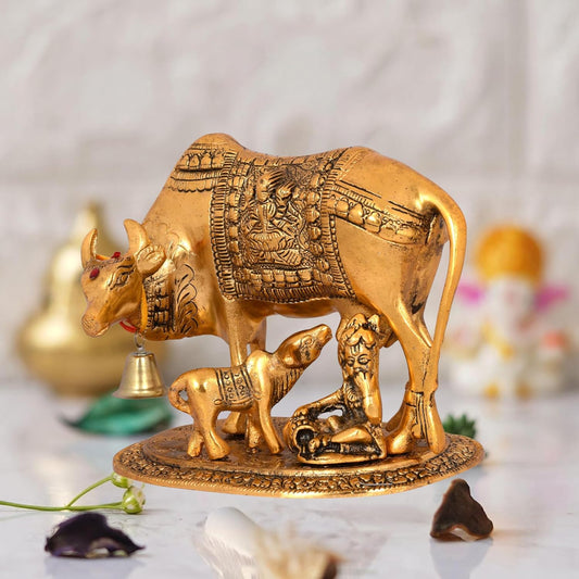 Metal Kamdhenu Cow with Calf for Home Decor Gift Item for Home and Office Decorative Showpieces Statue for Good Luck