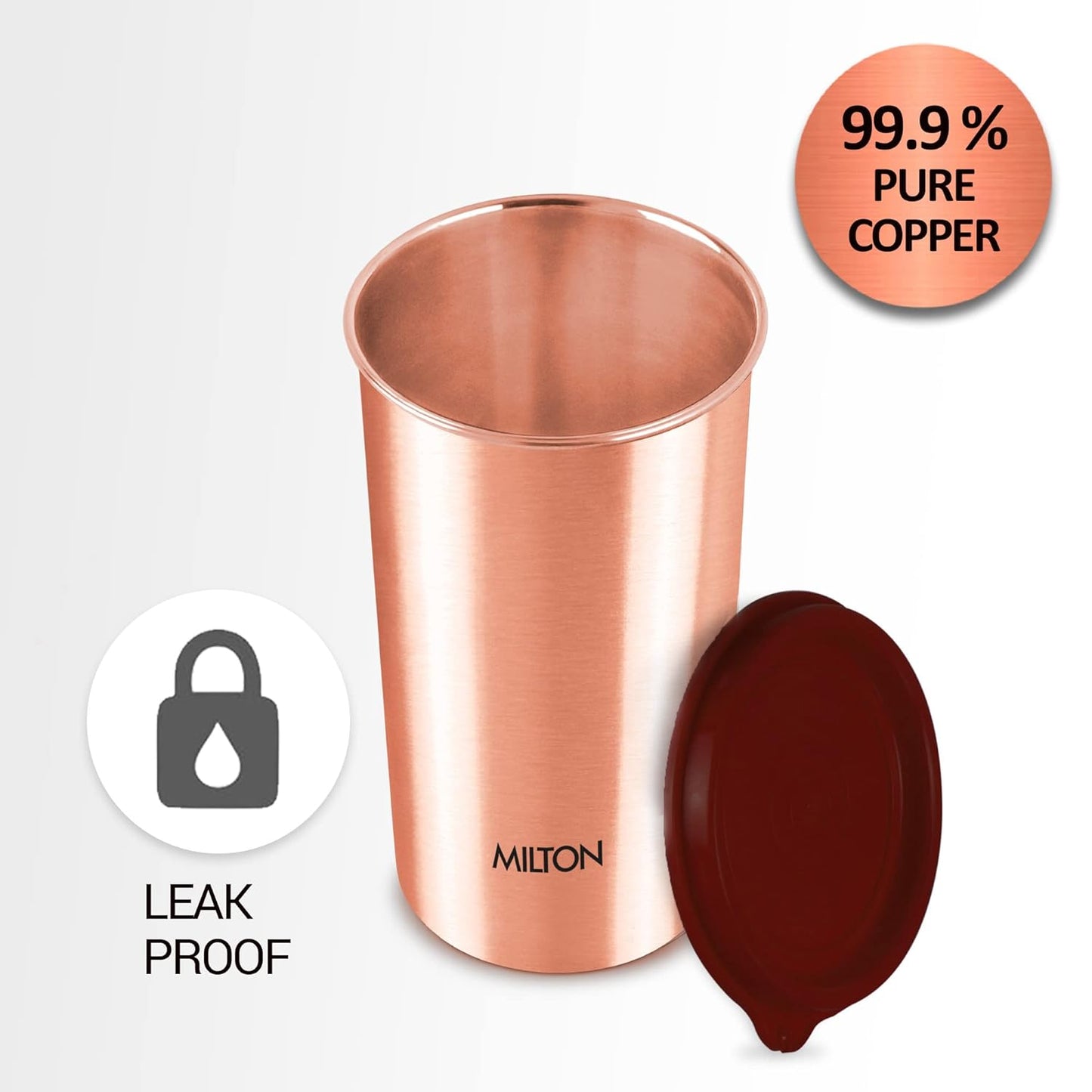 MILTON Copper Drinking Water Tumbler with Lid - 480 ml Capacity