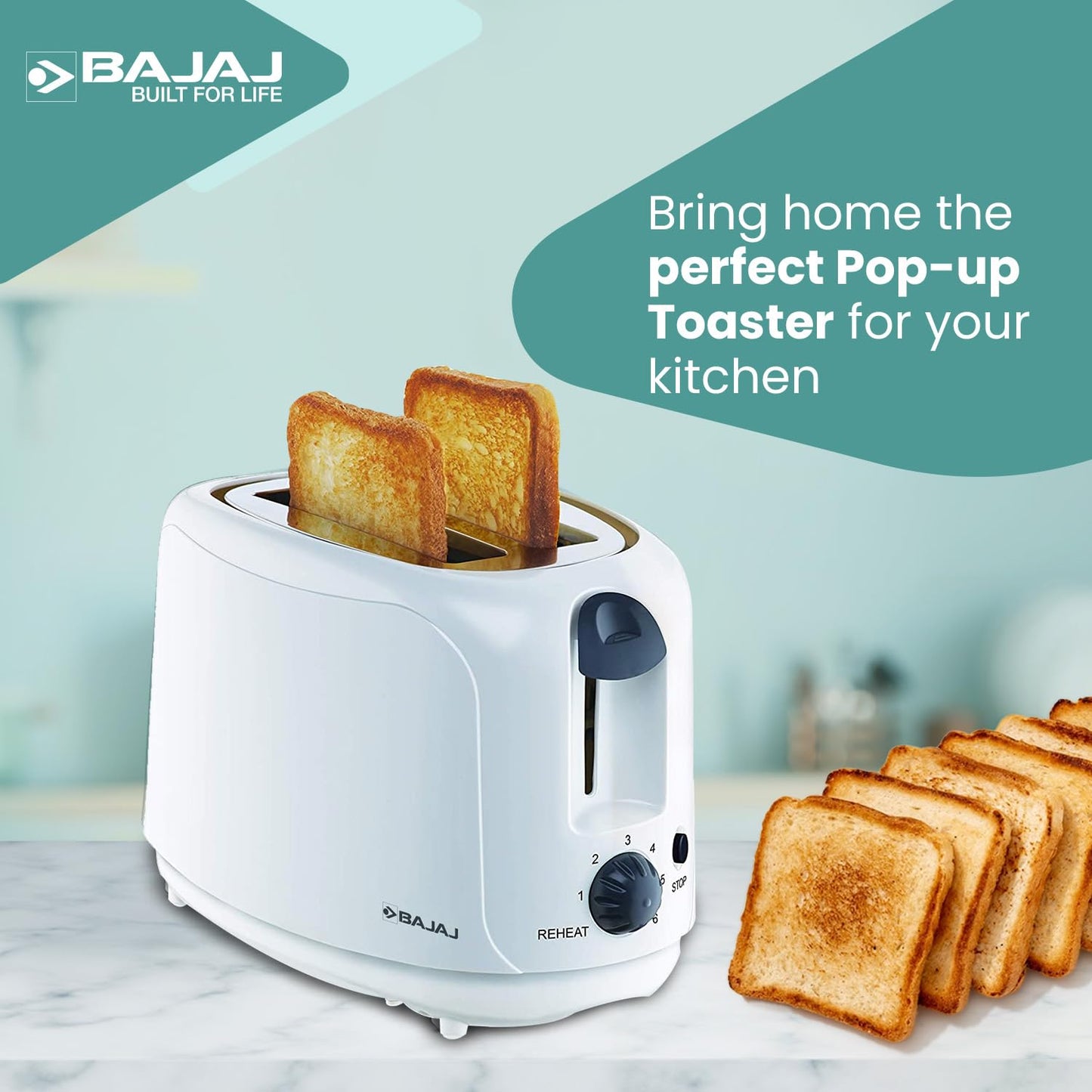 Bajaj ATX 4 750-Watt 2-Slice Pop-up Toaster | Dust Cover & Slide Out Crumb Tray | 6-Level Browning Controls | Mid-Cycle Cancel Feature| White Electric Toaster