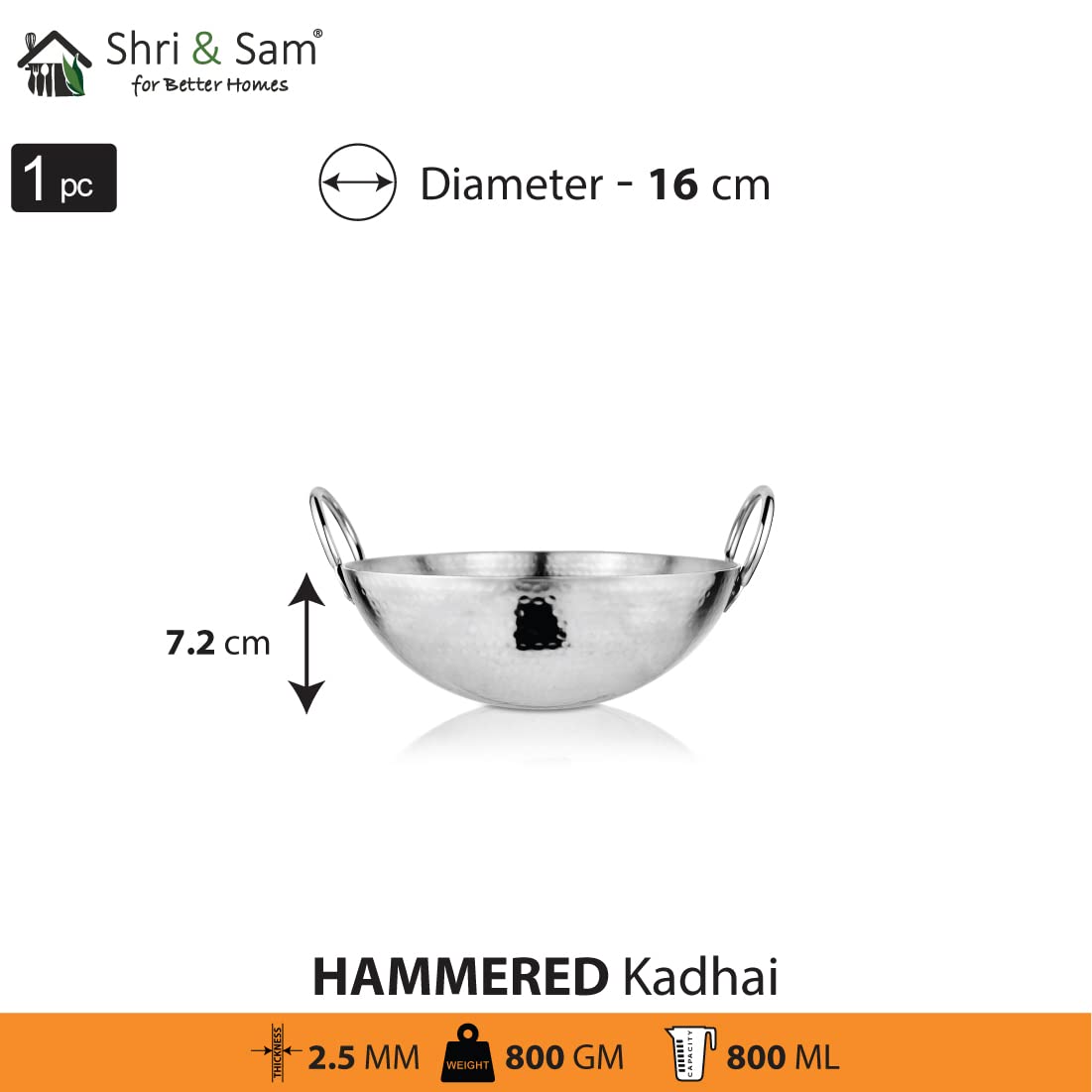 Shri & Sam Stainless Steel Heavy Weight Hammered Kadhai, 2.5 mm,16 cm, 0.8 Kg, 0.8 litre