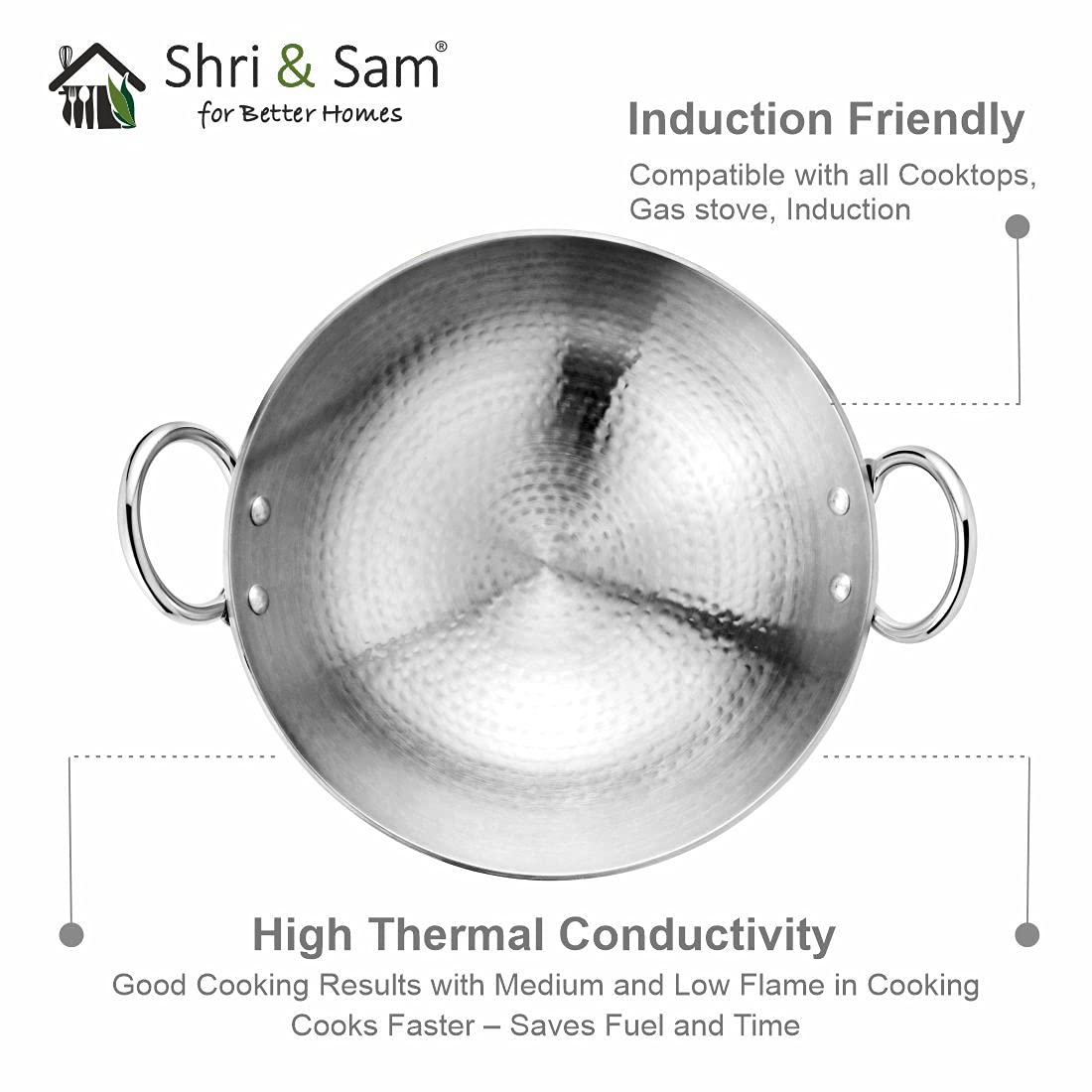 Shri & Sam Stainless Steel Heavy Weight Hammered Kadhai, 2.5 mm,16 cm, 0.8 Kg, 0.8 litre