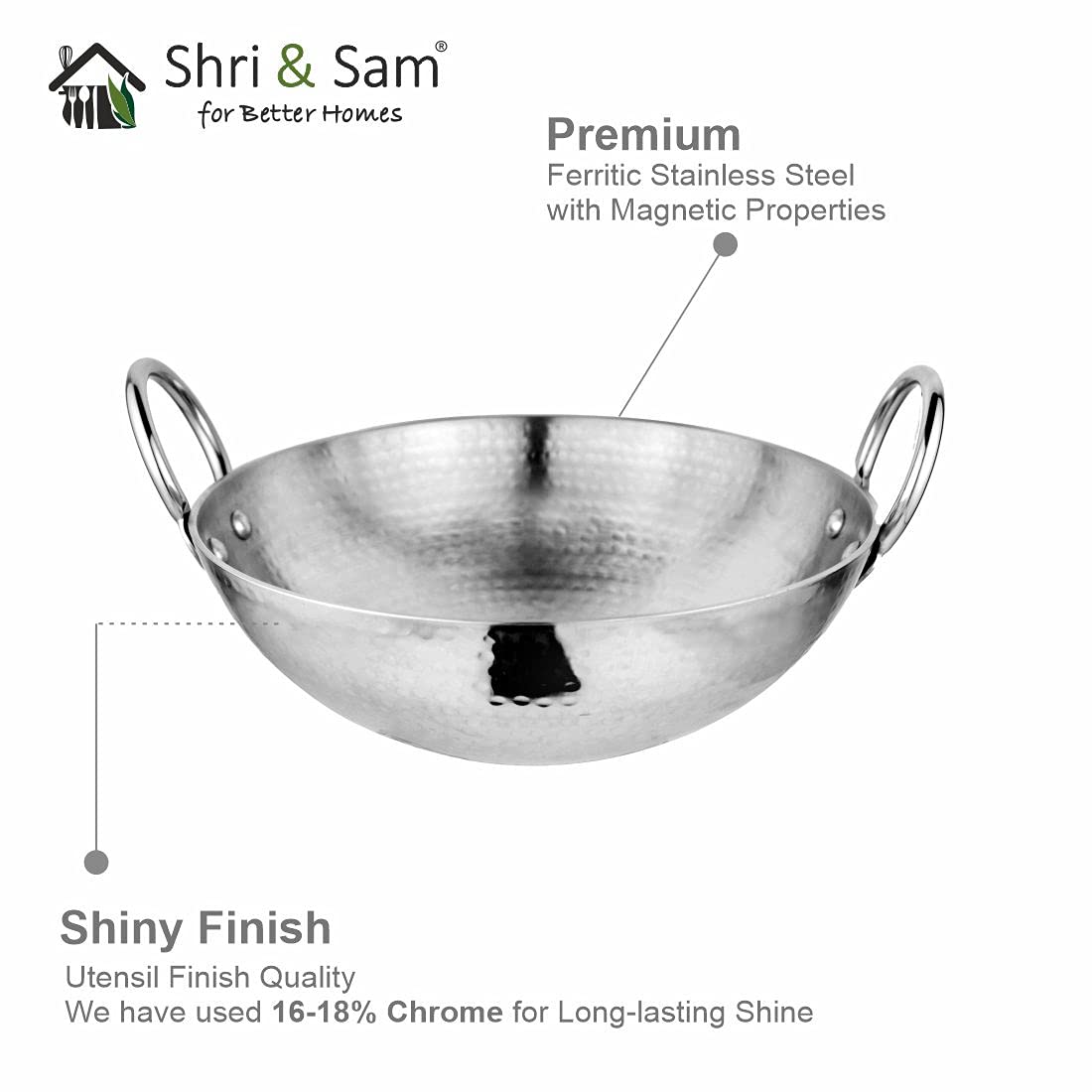 Shri & Sam Stainless Steel Heavy Weight Hammered Kadhai, 2.5 mm,16 cm, 0.8 Kg, 0.8 litre