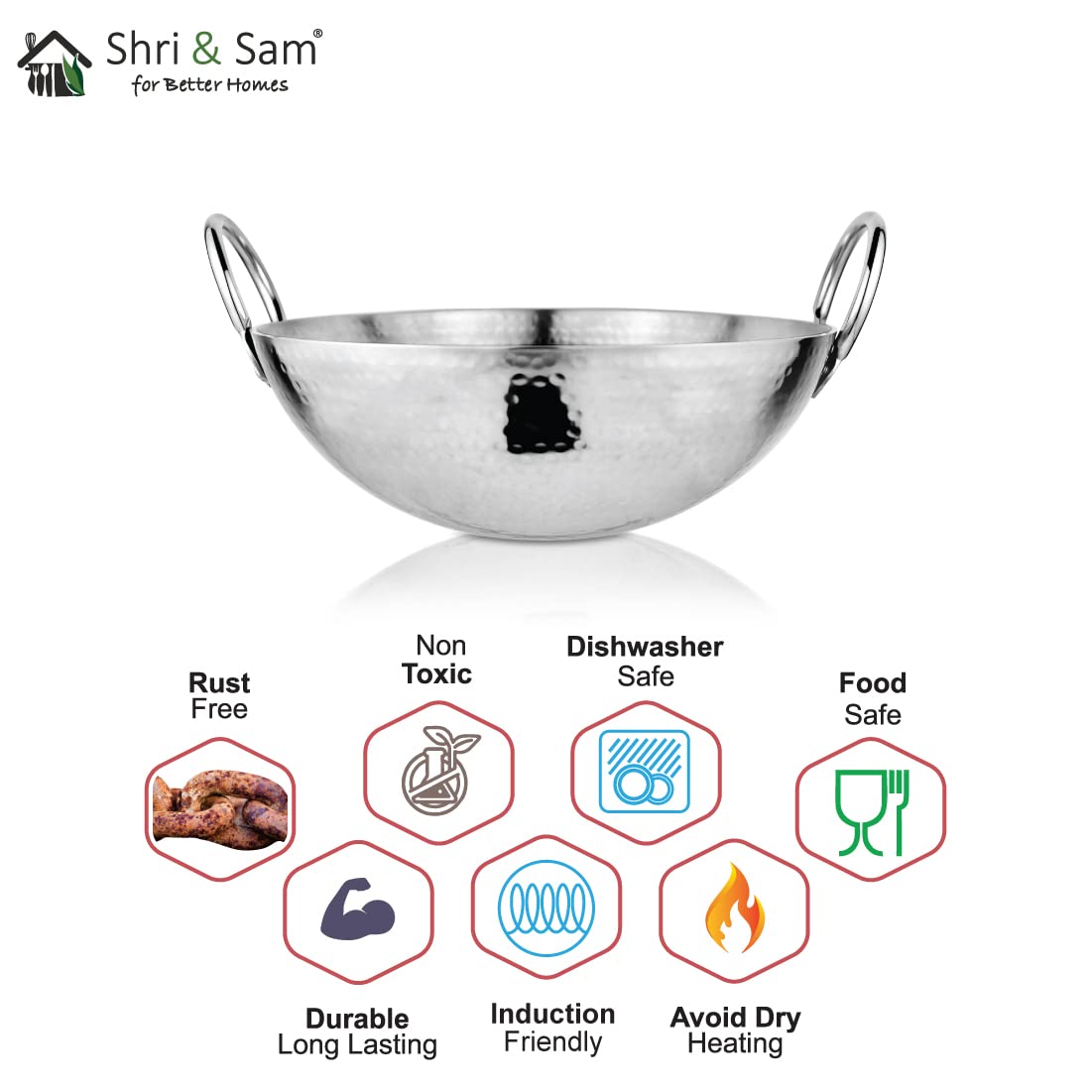 Shri & Sam Stainless Steel Heavy Weight Hammered Kadhai, 2.5 mm,16 cm, 0.8 Kg, 0.8 litre