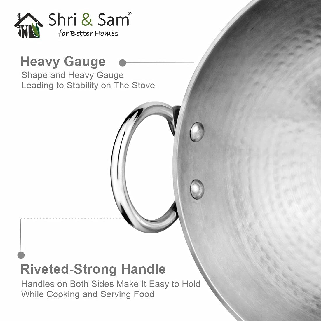 Shri & Sam Stainless Steel Heavy Weight Hammered Kadhai, 2.5 mm,16 cm, 0.8 Kg, 0.8 litre