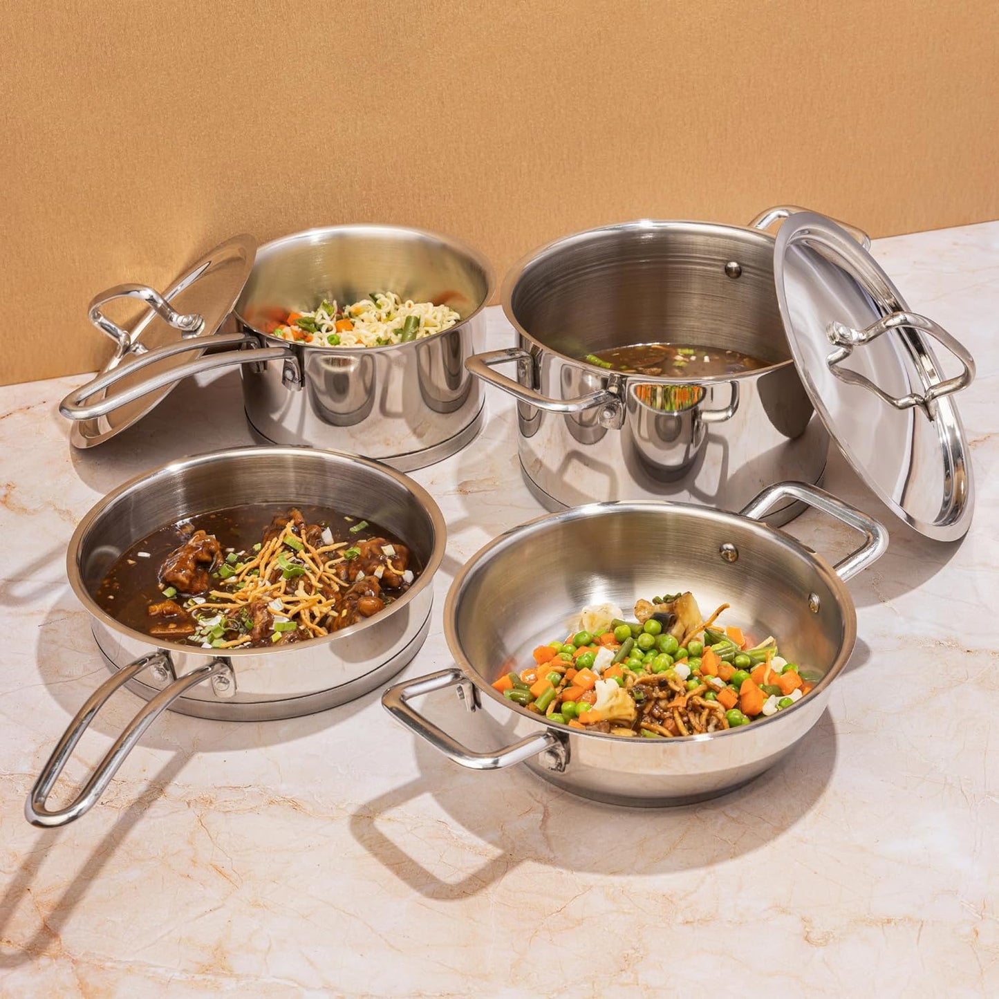 Stainless Steel Cookware Combo Set of 4 Pcs/Saucepan, Saucepot, Kadai and Frypan/Deep Kadhai for Cooking/Heavy Induction Bottom