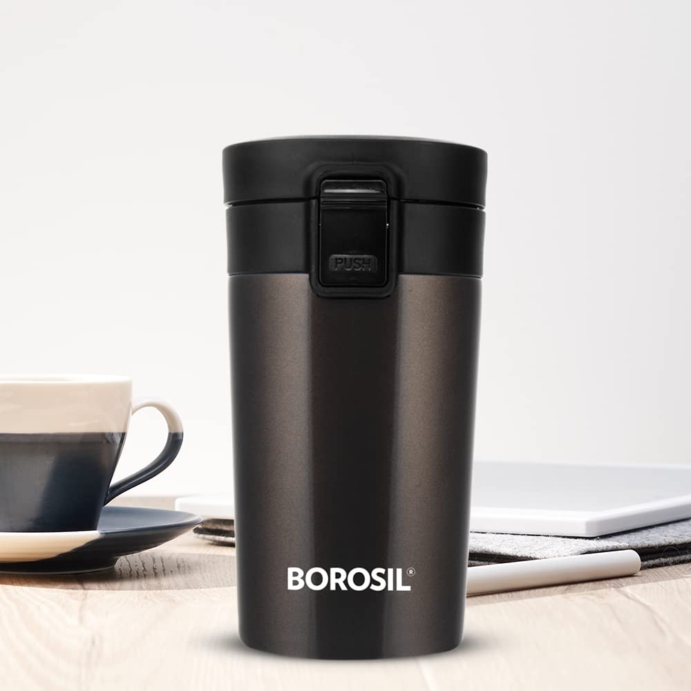 Borosil Coffeemate Insulated Mug, Vacuum Insulated Travel Coffee Mug with Lid, 8 Hours Hot and 14 Hours Cold, 300 ml, Mocha, Stainless Steel