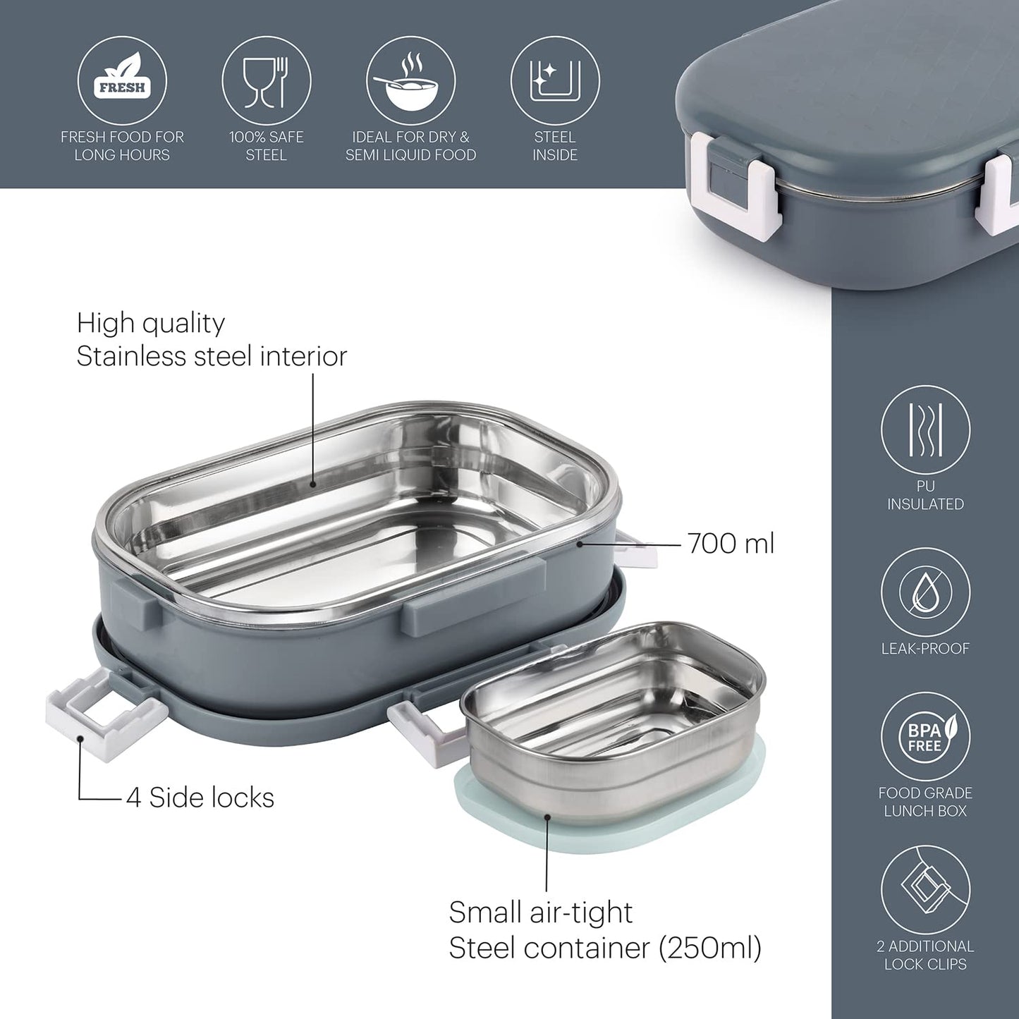 CELLO Altro Neo Lunch Box, Neo Grey, 700ml | 2 Units Insulated Lunch Boxes |Stainless Steel Lunch Box for Kids | Leak-Proof Snacks Tiffin Box for School