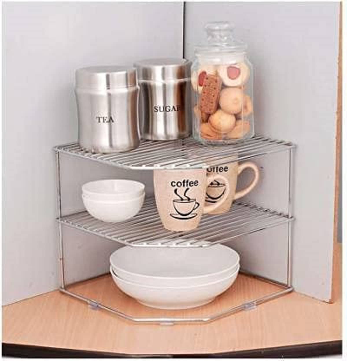 Stainless Steel Kitchen Rack and Organizer Spice Rack and Container Organizer, Utensils Dishes Spices Jar Holder Rack and Cup and Glass Holder‎(3 Layer Corner Rack)