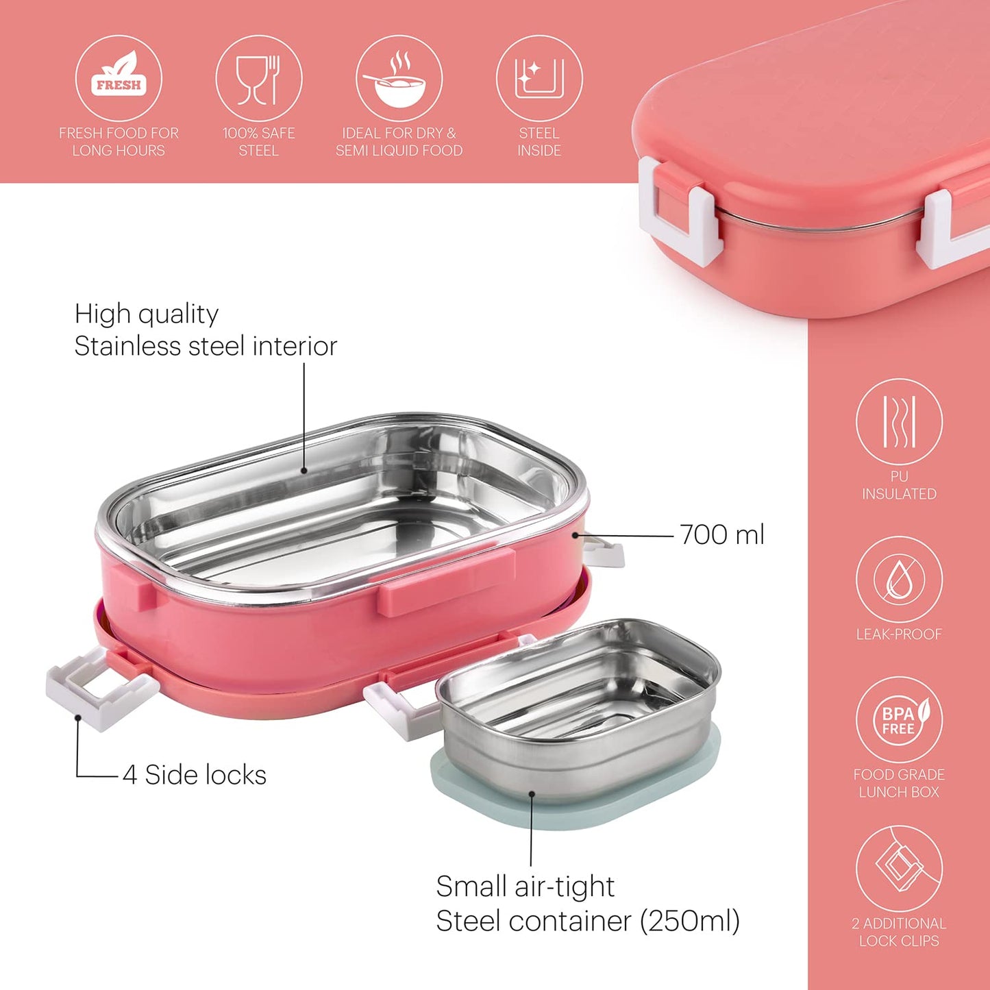 CELLO Altro Neo Lunch Box, Neo Pink, 700ml | 2 Units Insulated Lunch Boxes |Stainless Steel Lunch Box for Kids | Leak-Proof Snacks Tiffin Box for School