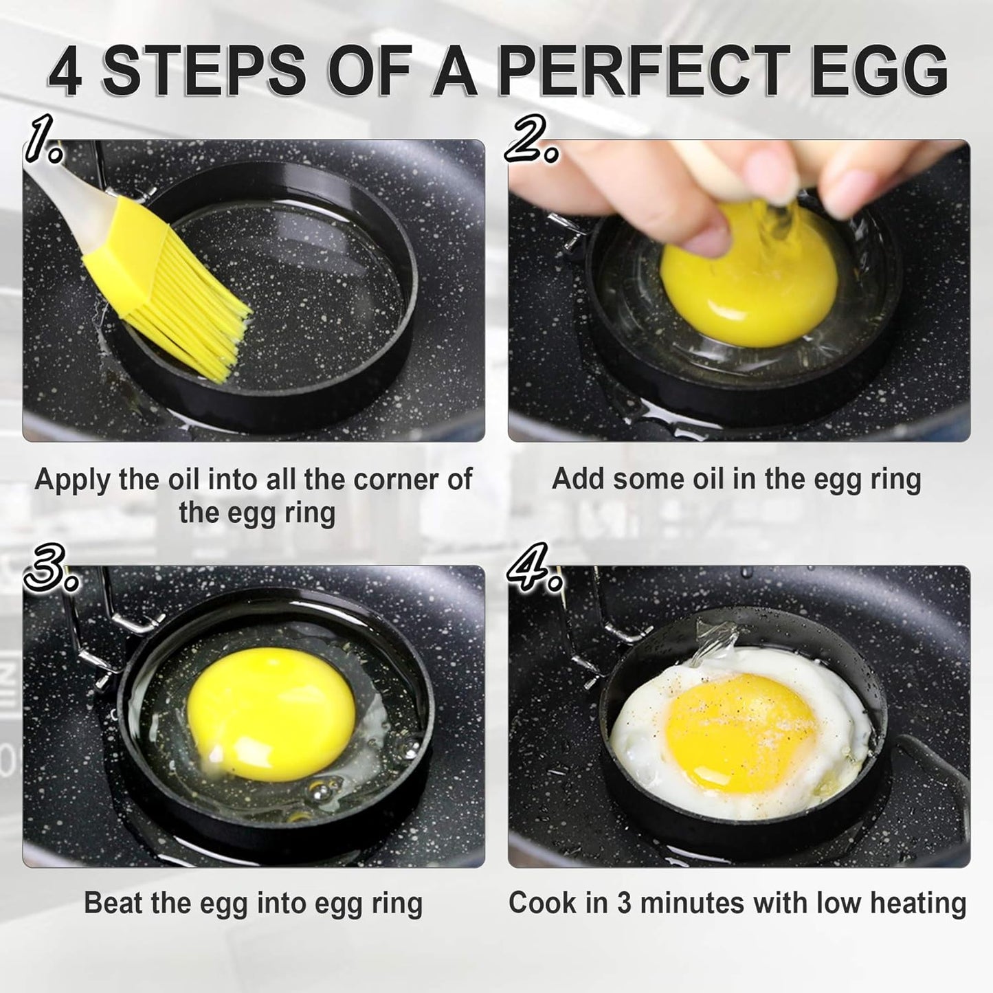 Egg Shapers For Frying, Fried Egg Maker Mold For Cooking, Non Stick Metal Round Egg Cooker Ring Kitchen Cooking Tools Egg Rings For Griddle, 7.5 x 7.5 x 7 Centimeters, Black Set of 4