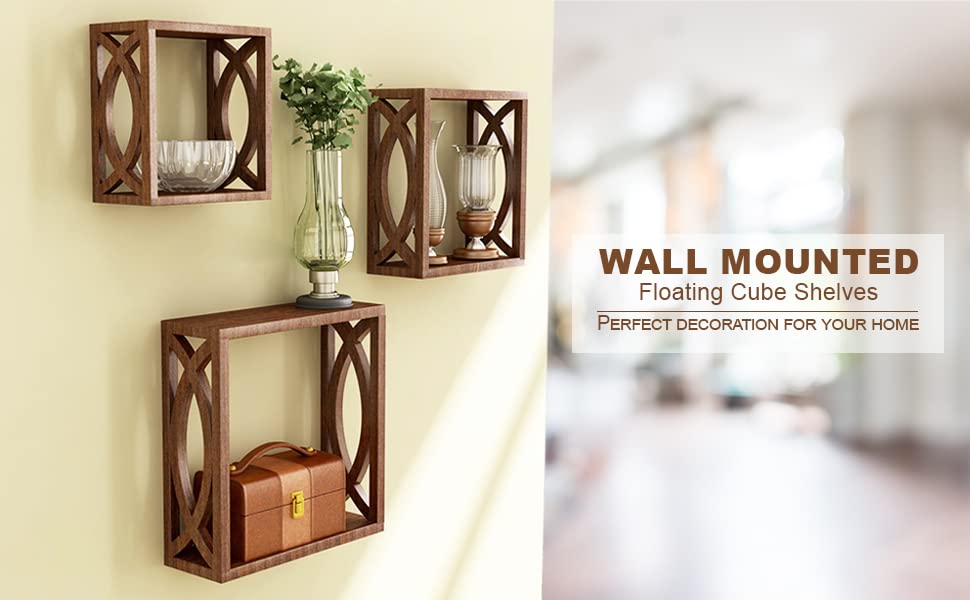 Wooden Wall Shelves Racks For Wall Organiser Wall Mounted Racks Bookshelves Brown Set of 3