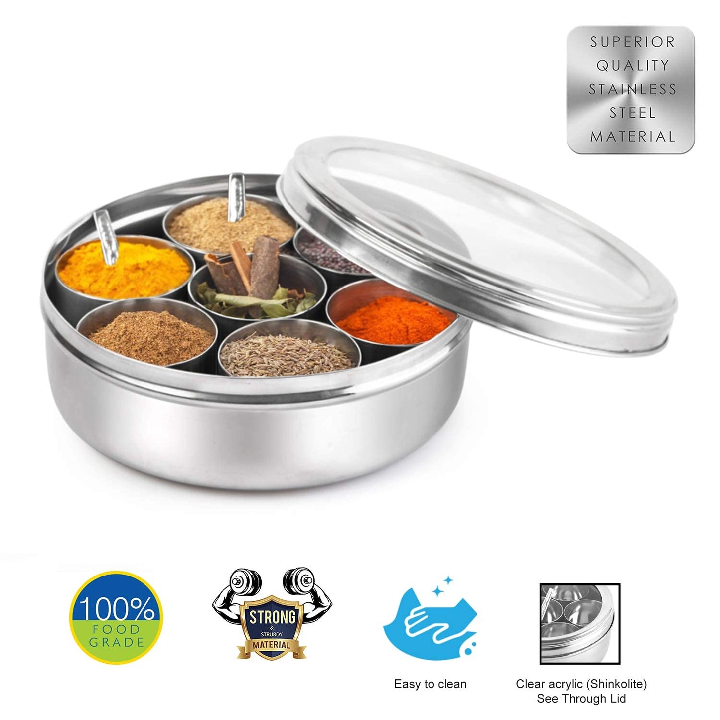 Stainless Steel spice box container organiser with Glass lid and spoons spice organiser spice storage