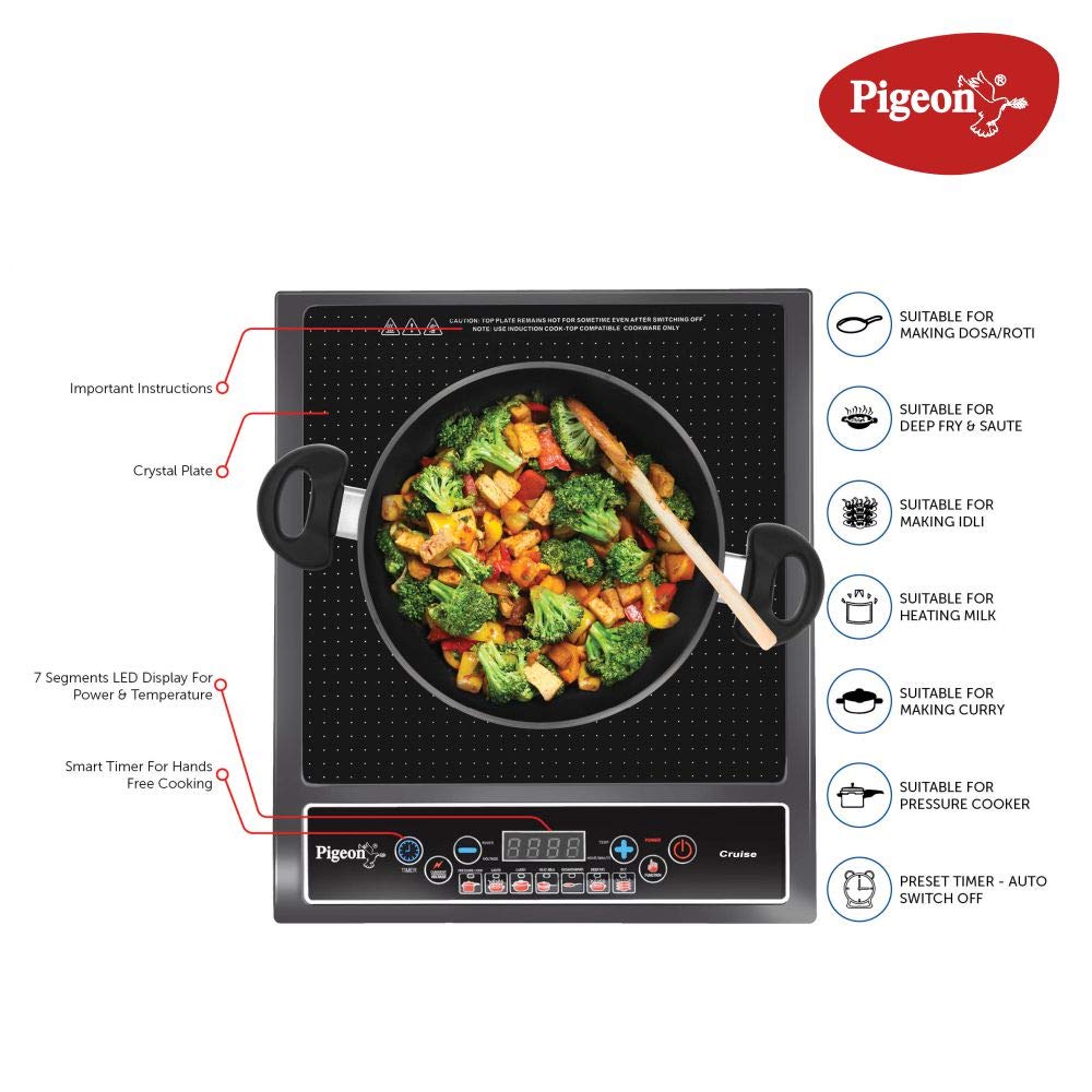 Pigeon by Stovekraft Cruise 1800 watt Induction Cooktop With Crystal Glass,7 Segments LED Display, Auto Switch Off - Black