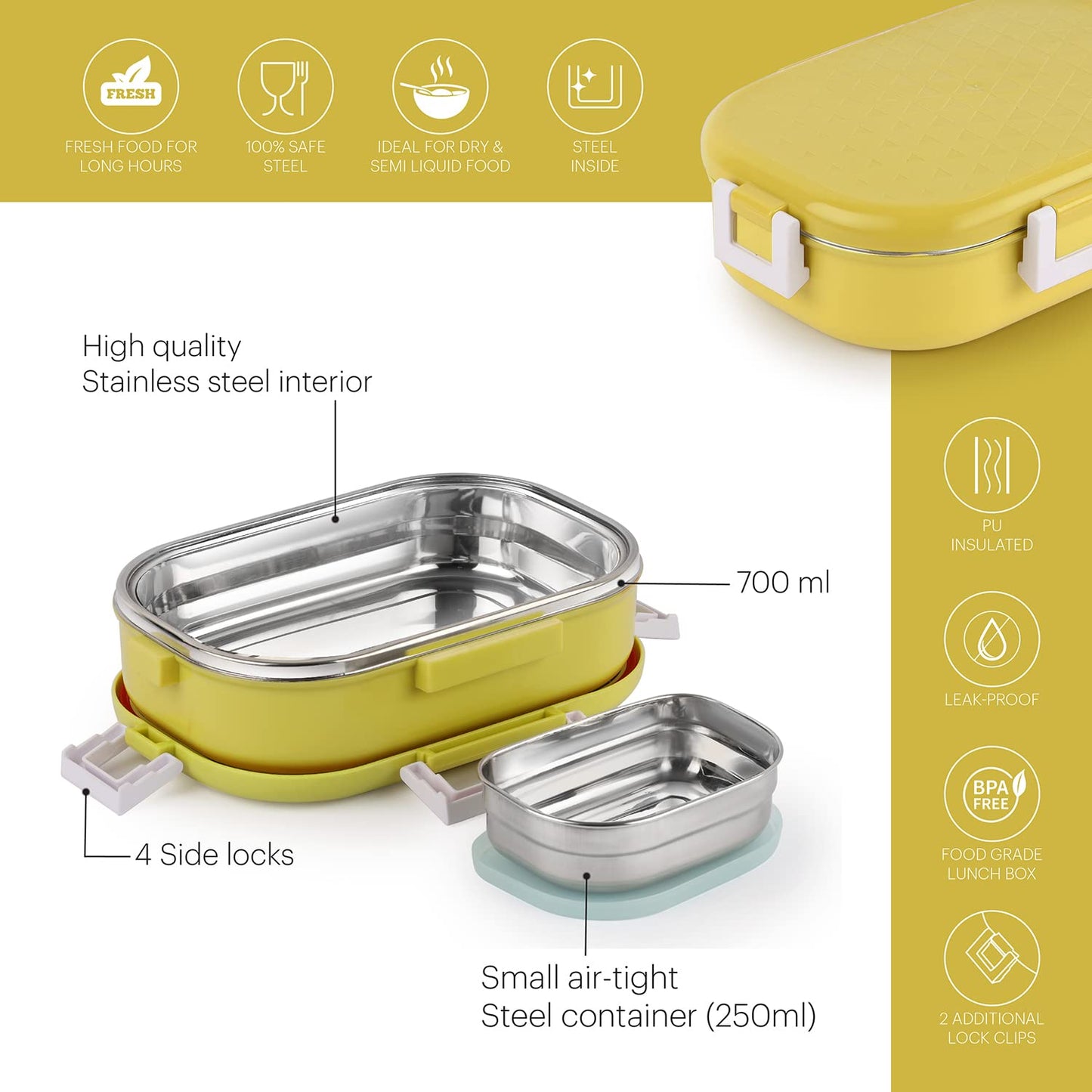 CELLO Altro Neo Lunch Box, Neo Yellow, 700ml | 2 Units Insulated Lunch Boxes |Stainless Steel Lunch Box for Kids | Leak-Proof Snacks Tiffin Box for School