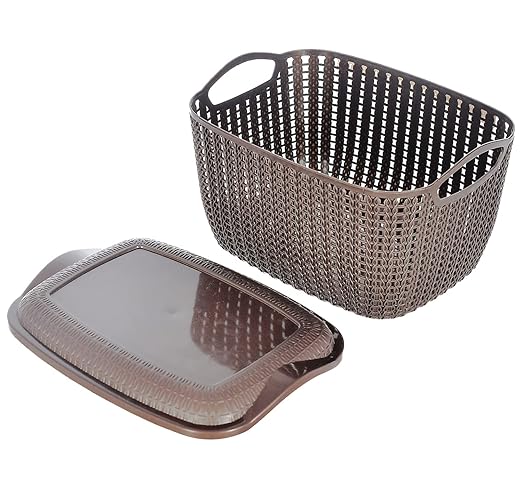 Multipurposes Plastic Basket Organizer For Kitchen, Countertop Cabinet, Bathroom With Lid (Brown)