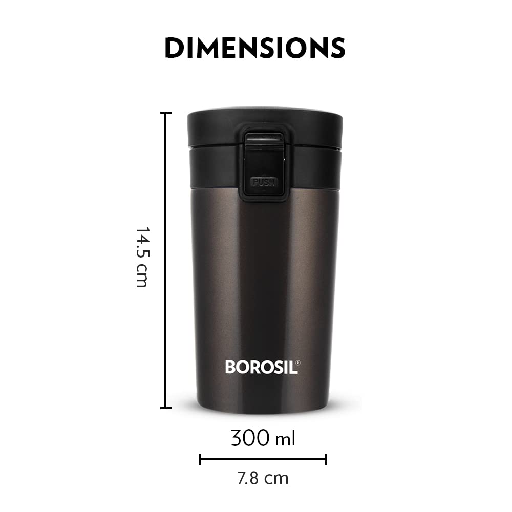 Borosil Coffeemate Insulated Mug, Vacuum Insulated Travel Coffee Mug with Lid, 8 Hours Hot and 14 Hours Cold, 300 ml, Mocha, Stainless Steel