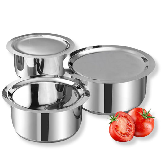 Stainless Steel Tope with Lid Set Bhagona Set with Steel Lid Patila Set Pot Set Cooking ware Serving ware Set of 3