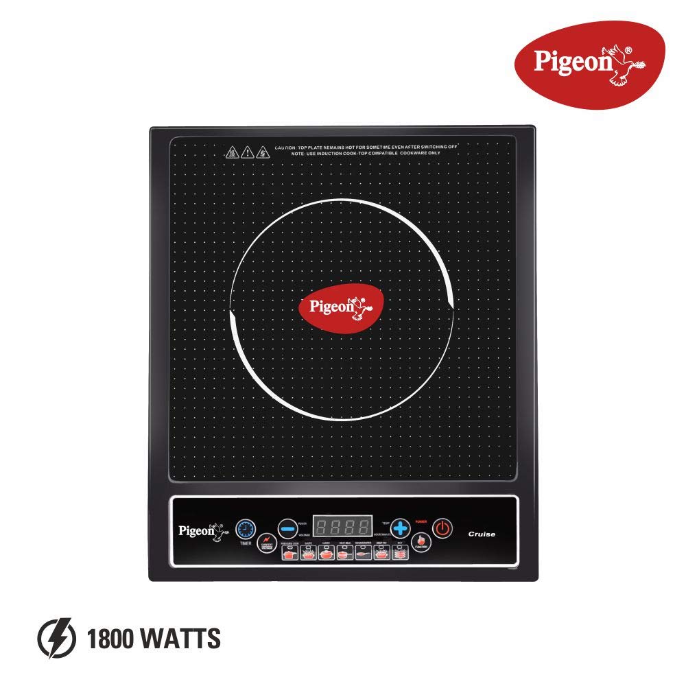 Pigeon by Stovekraft Cruise 1800 watt Induction Cooktop With Crystal Glass,7 Segments LED Display, Auto Switch Off - Black