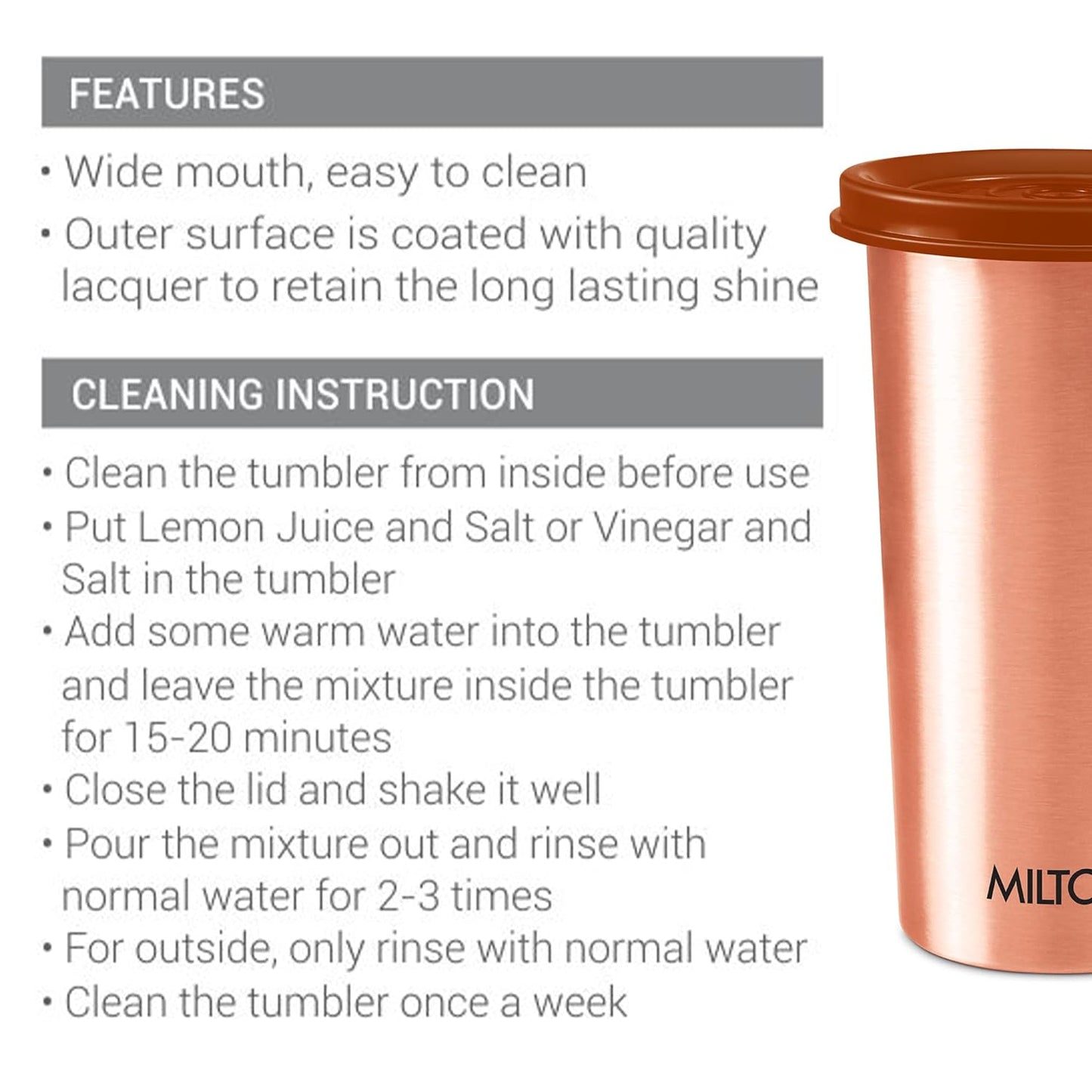 MILTON Copper Drinking Water Tumbler with Lid - 480 ml Capacity